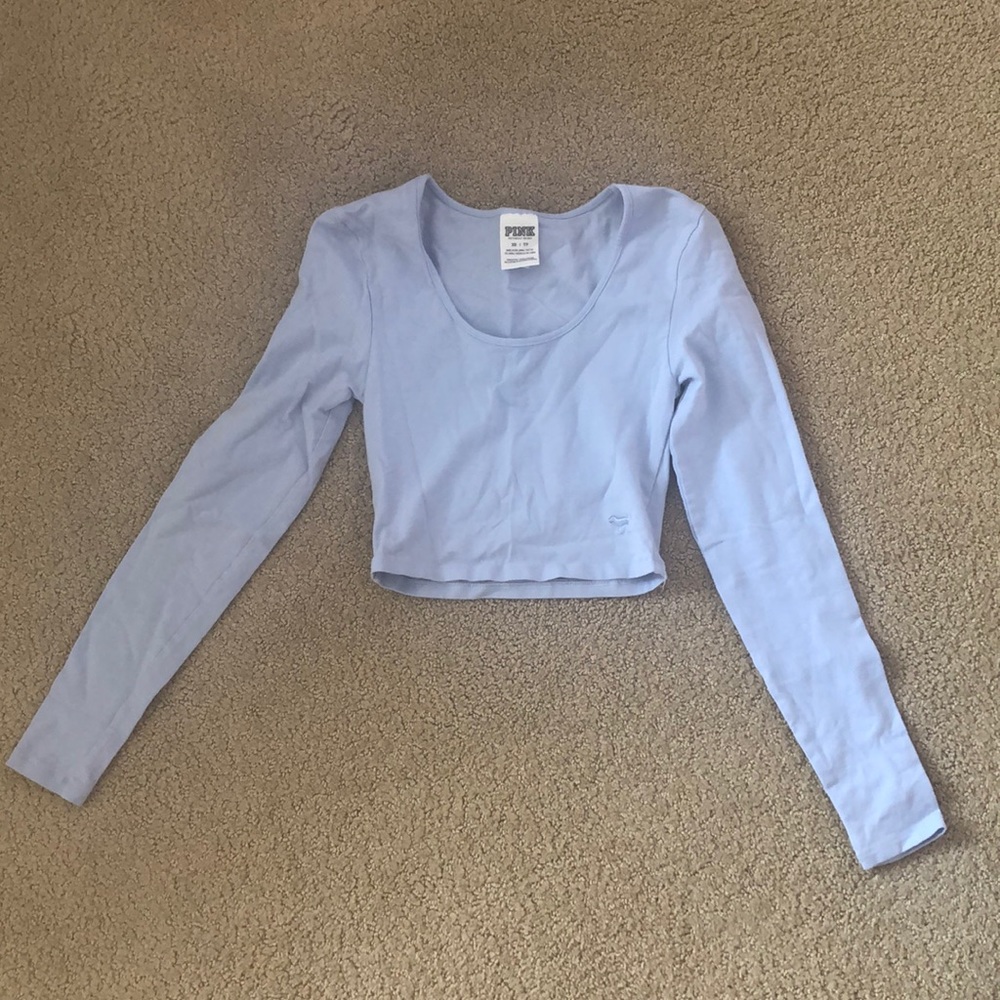 PINK Long Sleeve Light Blue Crop Top